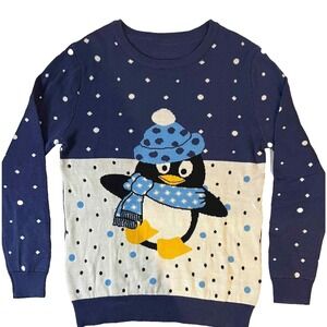 Penguin Cap‎ & Scarf Sweater Blue White Polkadot Snowflake Sweater L Winter